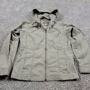 Cabelas Jacket Womens Small Beige Hooded Drawstring Full Zip Canvas Outdoors